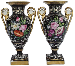 Antique Paris Sevres Pair black vases handpainted flowers (1068)