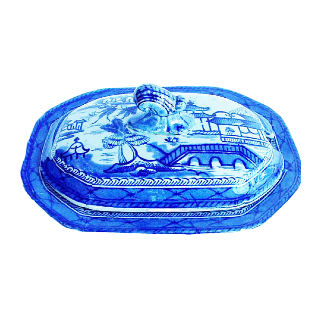 Antique Staffordshire butter vegetable dish Chinoiserie blue white (1975)