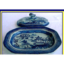 Antique Staffordshire butter vegetable dish Chinoiserie blue white (1975)