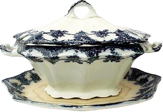 FLOW BLUE TUREEN WITH DEEP UNDER TRAY STAND (1244)