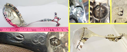 Antique silver caddy spoon horse dog animals Dutch silver sugar spoon (5372)