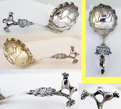 Antique silver caddy spoon horse dog animals Dutch silver sugar spoon (5372)