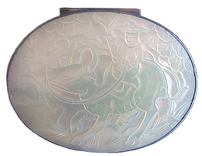 Snuff Box Antique Chinese Silver Carved Mother of Pearl Tortoiseshell (4750)