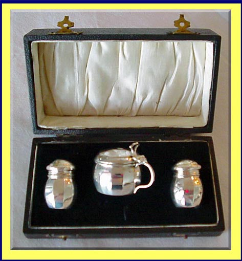 Antique Sterling Silver Condiment set salt pepper mustard blue glass liner 