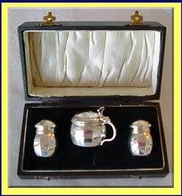 Antique Sterling Silver Condiment set salt pepper mustard blue glass liner 