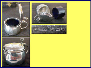 Antique Sterling Silver Condiment set salt pepper mustard blue glass liner (3302)