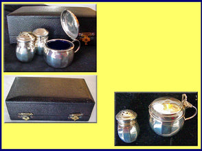 Antique Sterling Silver Condiment set salt pepper mustard blue glass liner (3302)