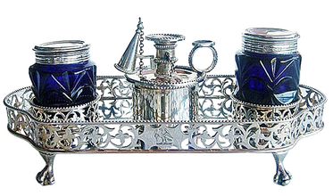 Antique Sterling Silver, Cobalt Glass Desk set Goldsmiths & Silversmiths Co. (4901)