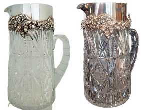 Antique Cut Glass Sterling Silver Pitcher Jug Bailey Banks & Biddle Acorn (5026)