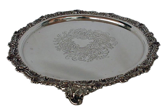 Victorian Sterling Silver repousse engraved salver legged tray Mappin Bros (3311)