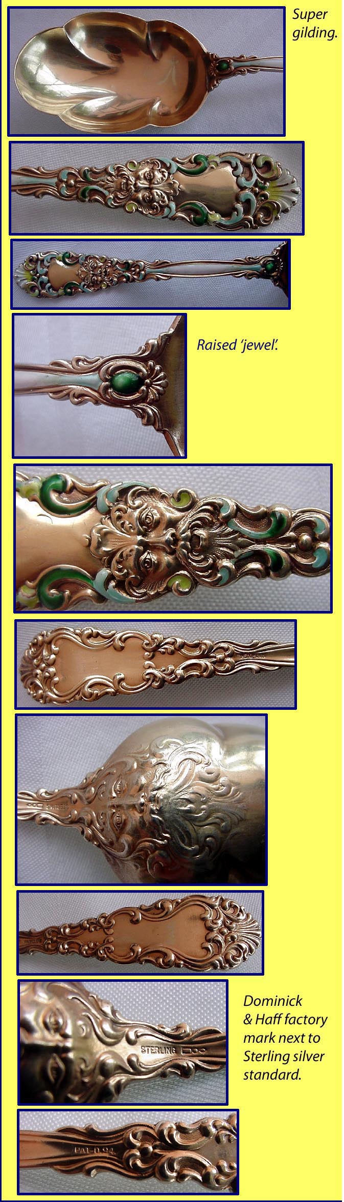 Dominick & Haff antique Sterling Silver serving spoon masks gold enamel (2171)