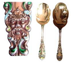 Dominick & Haff antique Sterling Silver serving spoon masks gold enamel (2171)