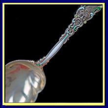 Dominick & Haff antique Sterling Silver serving spoon masks gold enamel (2171)
