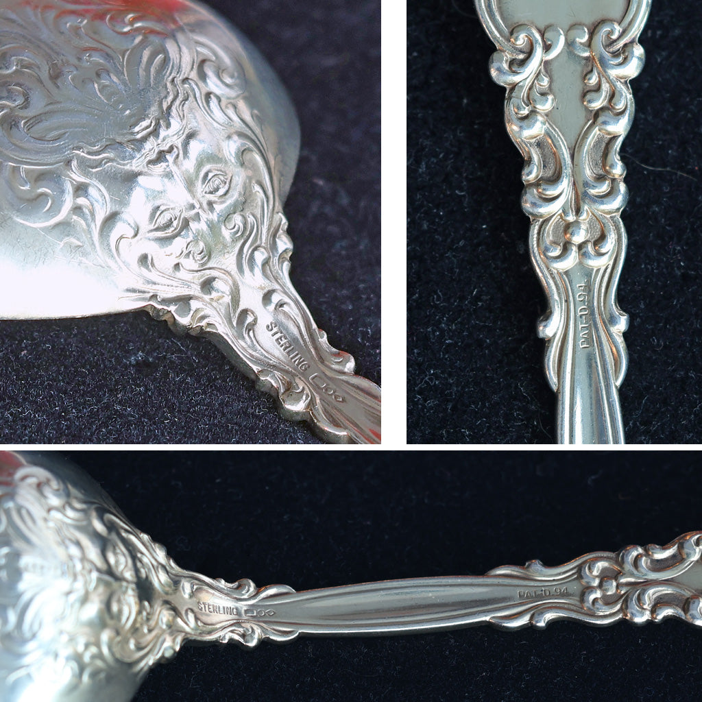 Dominick & Haff antique Sterling Silver serving spoon masks gold enamel (2171)