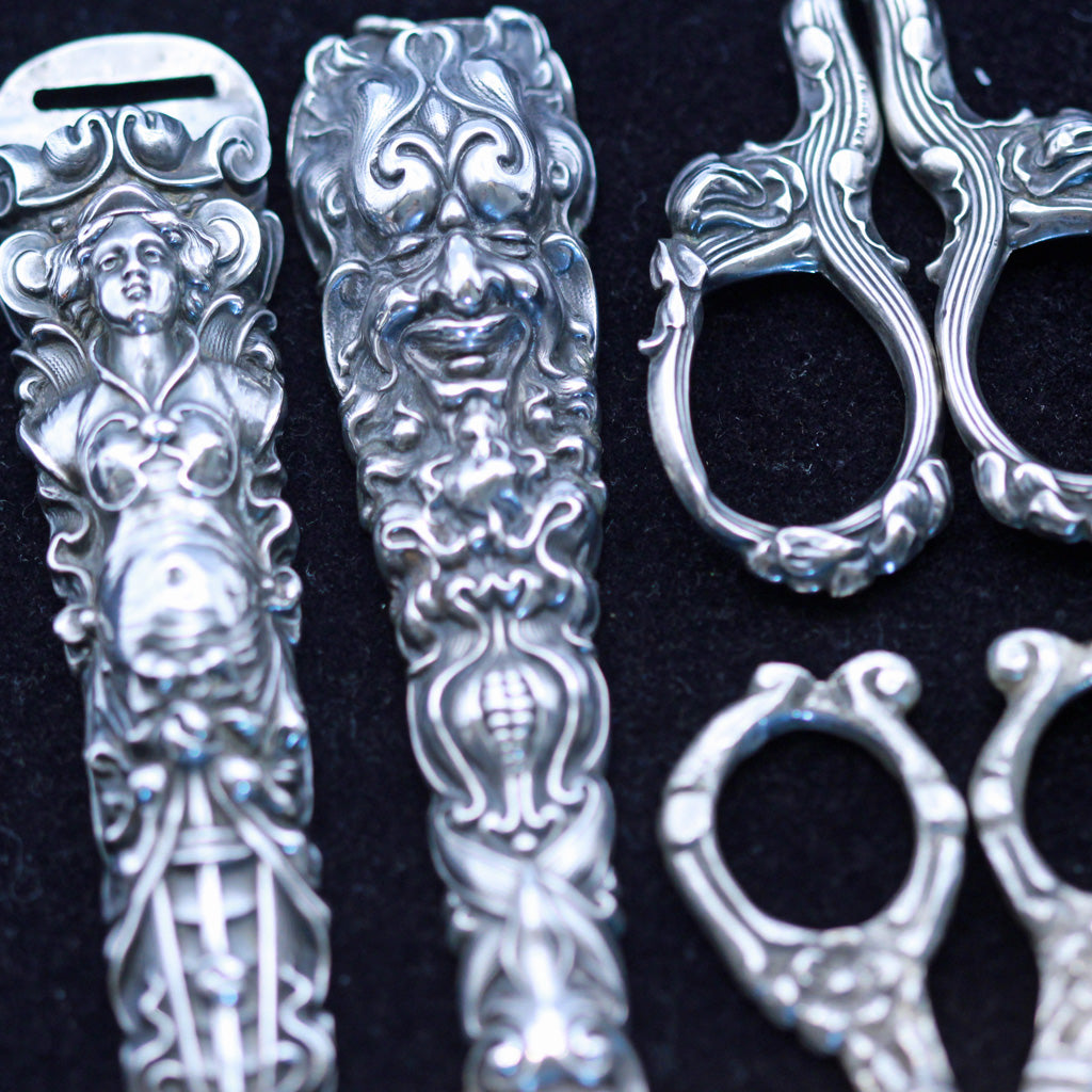 Unger Bros Sterling Silver Etui Bodkin Case Antique Gothic Revival w Mask (5093)