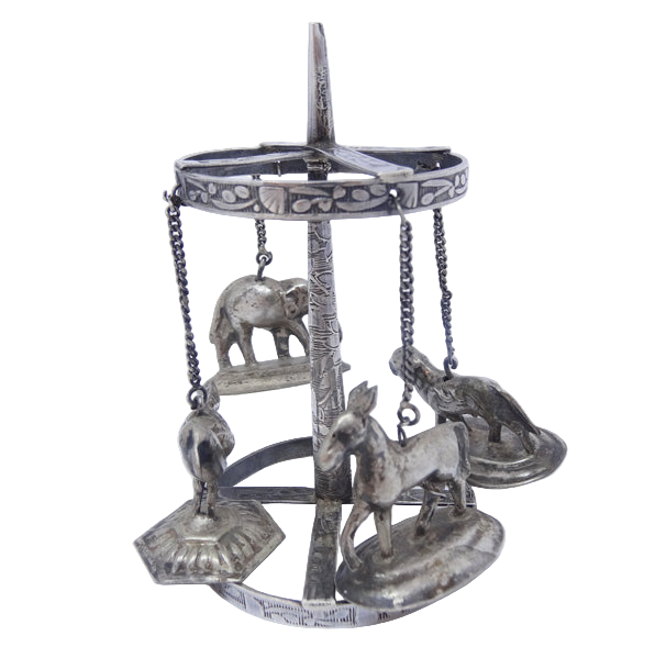 Antique Vintage silver carousel toy spinning top elephant lion zebra India (5744)
