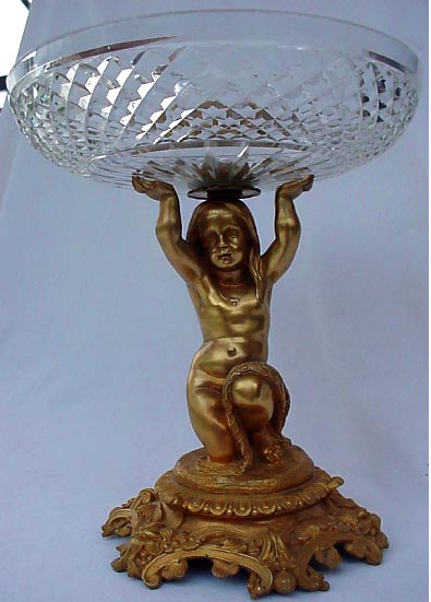 antique Victorian gilt bronze cut glass compote bowl nymph cherub