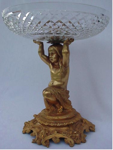 Antique Victorian Gilt Bronze cut glass Compote Bowl Sculpted nymph (969)