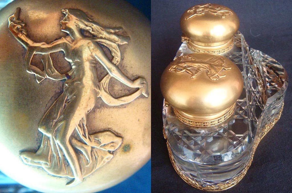 Art Nouveau Cut Glass Gilt Bronze Desk Set Dancing Nymphs Gryphons Acorns (1812)