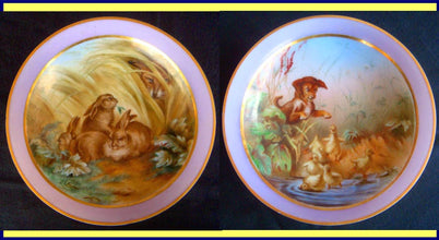 Antique Opaline Glass bowls Handpainted Animals Dog Ducklings Rabbits Fox (3666)