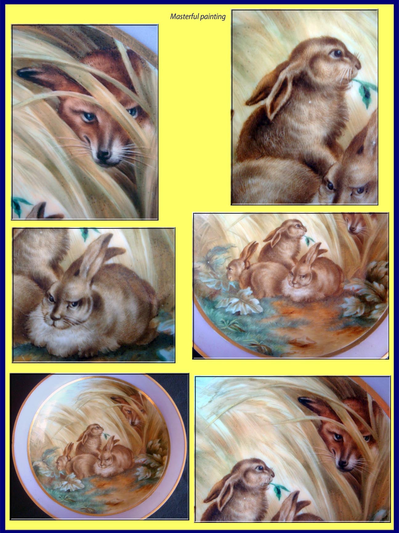 Antique Opaline Glass bowls Handpainted Animals Dog Ducklings Rabbits Fox (3666)