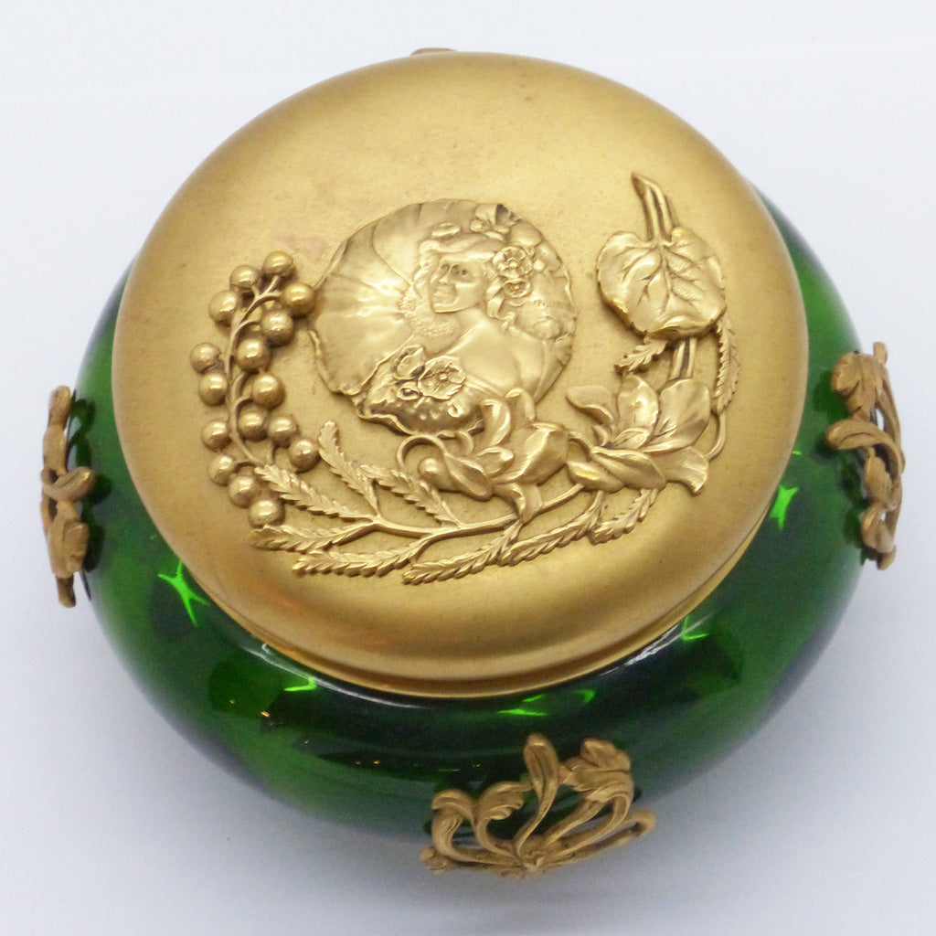 Antique Art Nouveau gold mounted emerald green glass dresser box