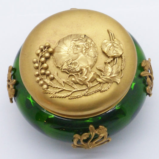 Antique Art Nouveau gold mounted emerald green glass dresser box