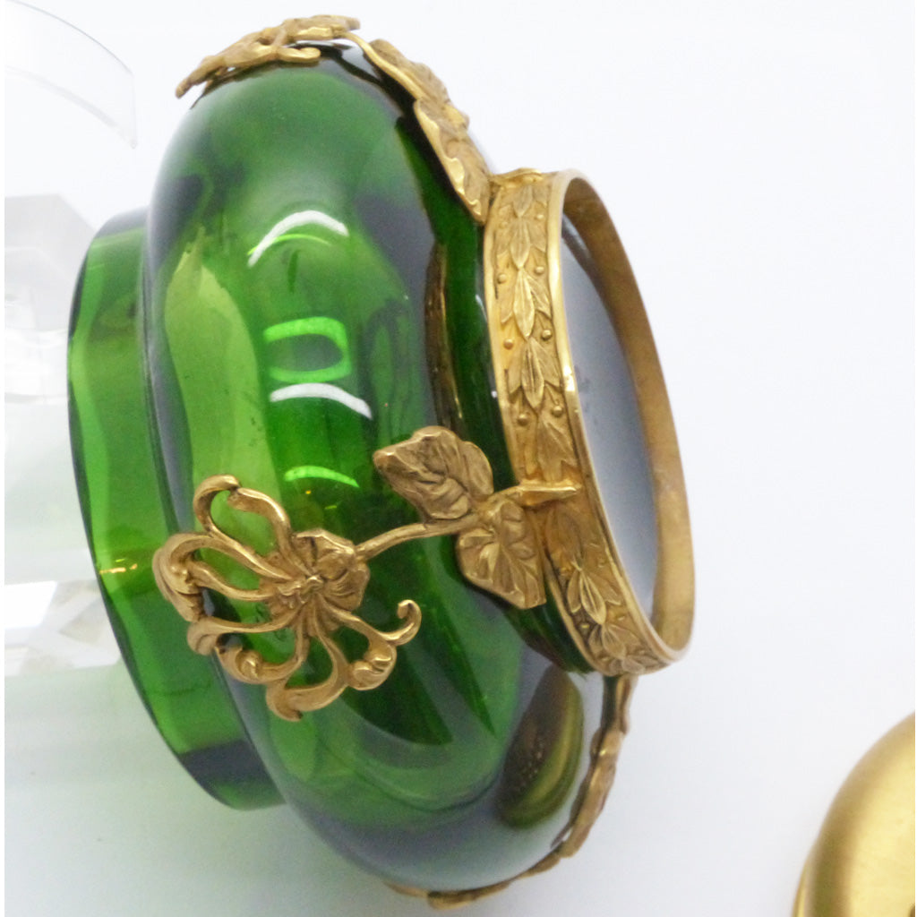 Antique Art Nouveau Gold Mounted emerald Green glass Dresser box (1740)