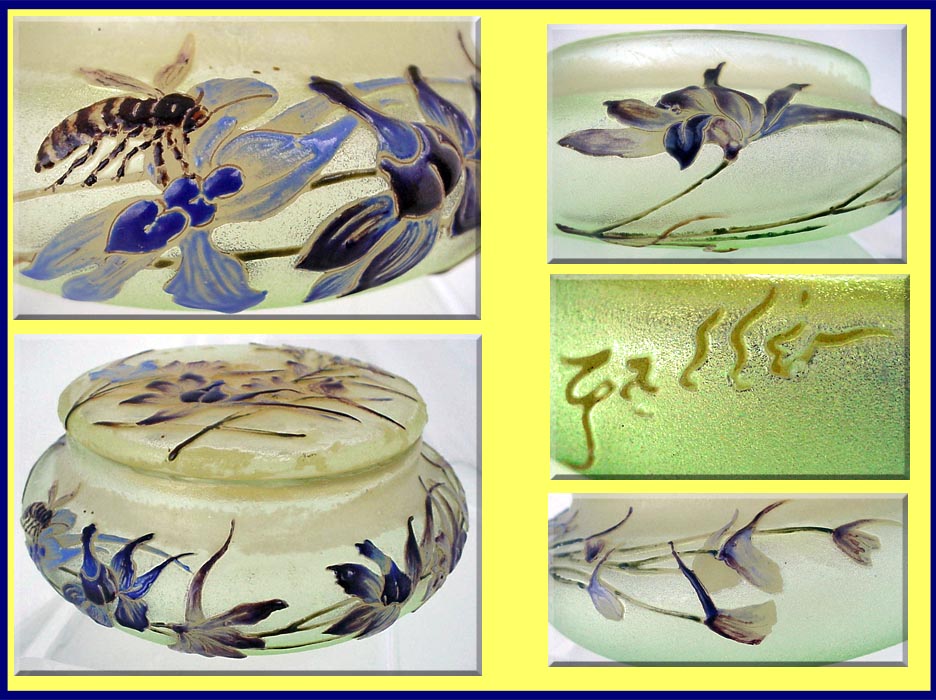 Galle signed Enamel Art Glass box Bee and Flowers Antique (3149)