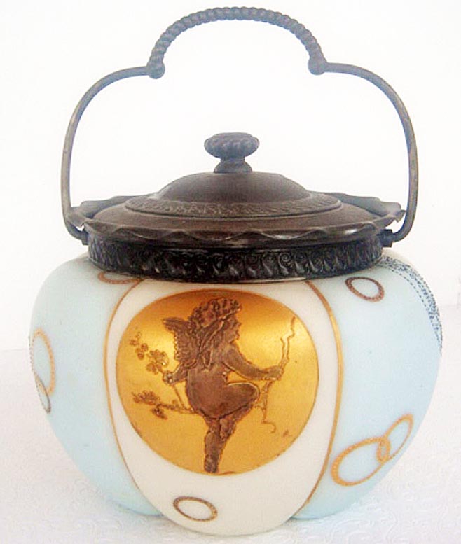 Antique Crown Milano Royal Flemish Glass Cracker Barrel Biscuit Jar Enamel (4822)