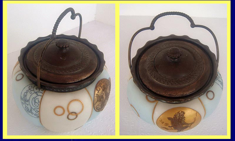 Antique Crown Milano Royal Flemish Glass Cracker Barrel Biscuit Jar Enamel (4822)
