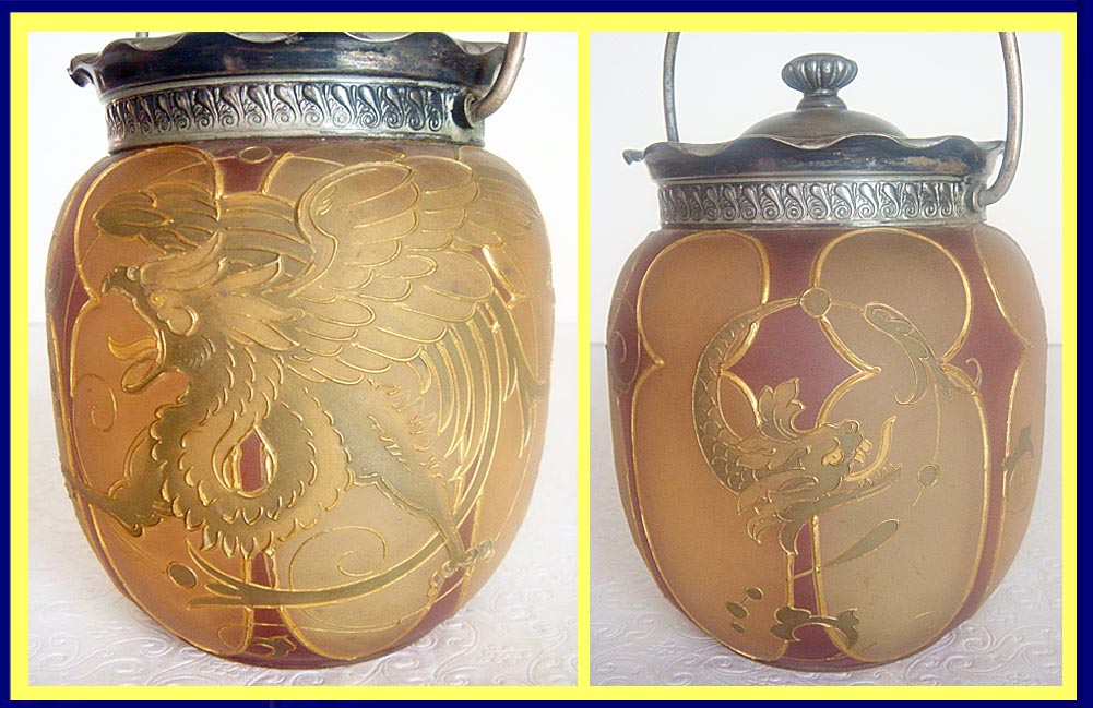 Mt Washington Royal Flemish Glass Biscuit Jar Mythologica Griffin Dolphin (4823)