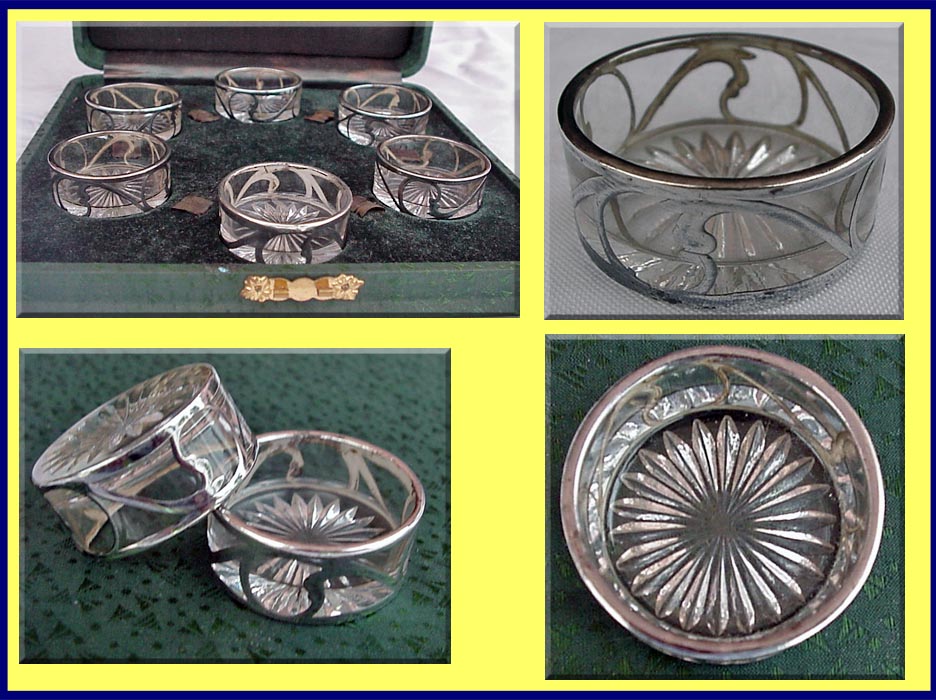 Antique Vintage Sterling Silver Cut Glass Set 6 open Salts in Box (3197)