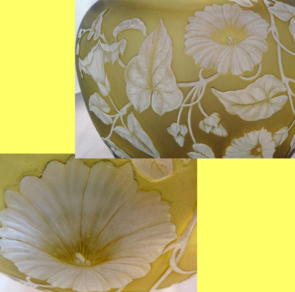 Antique Signed Thomas Webb Carved Cameo Glass Bowl Citron Yellow Large (5642)