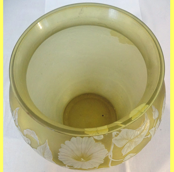 Antique Signed Thomas Webb Carved Cameo Glass Bowl Citron Yellow Large (5642)