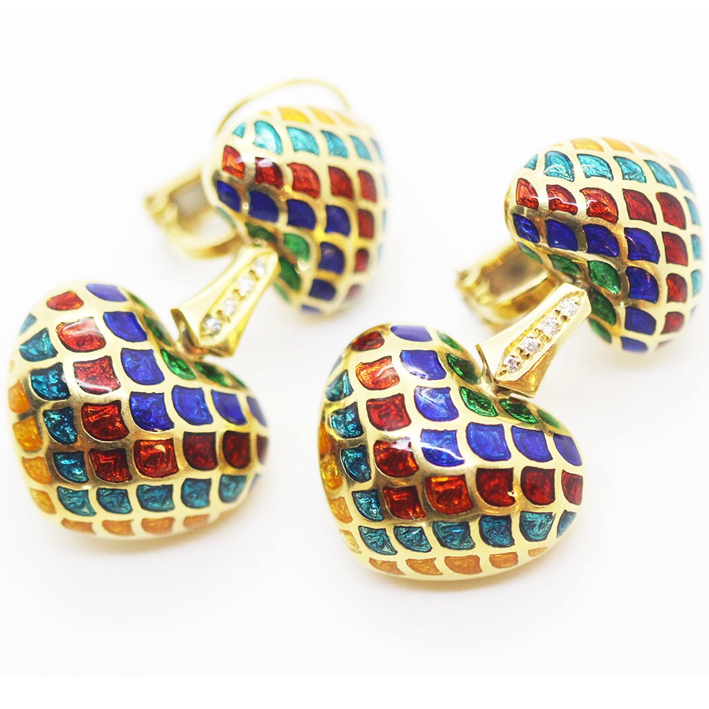 Vintage Earrings 18k Gold Diamonds Enamel 2bl Hearts Ear Clips w Appraisal (6014