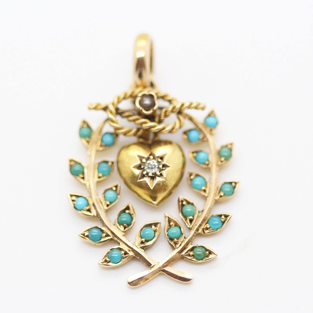 Antique Victorian Pendant 15k Gold Turquoise Diamond Heart Pearl Knot (6035)