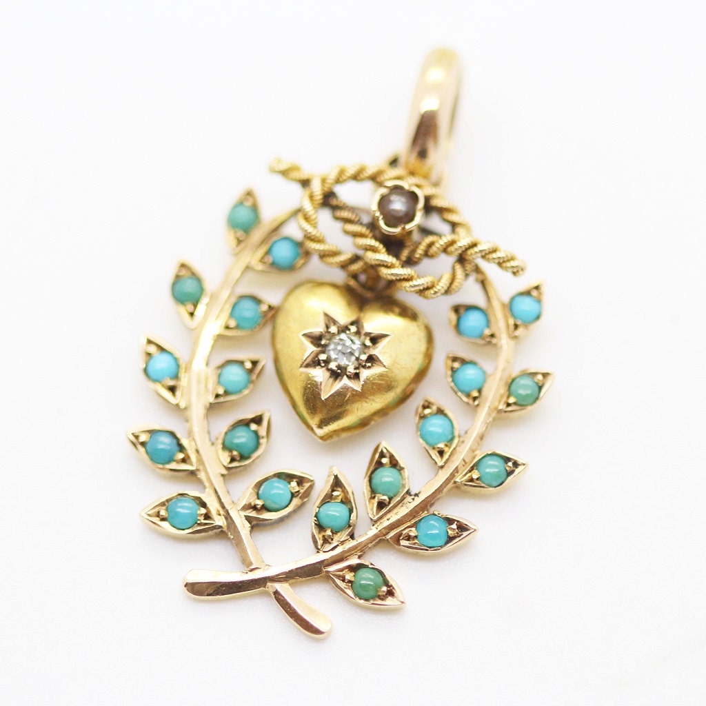 Antique Victorian Pendant 15k Gold Turquoise Diamond Heart Pearl Knot (6035)