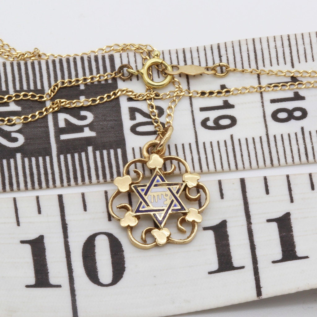 Vintage Magen David Star of David Pendant Chain Necklace 14k Gold Enamel (6058)