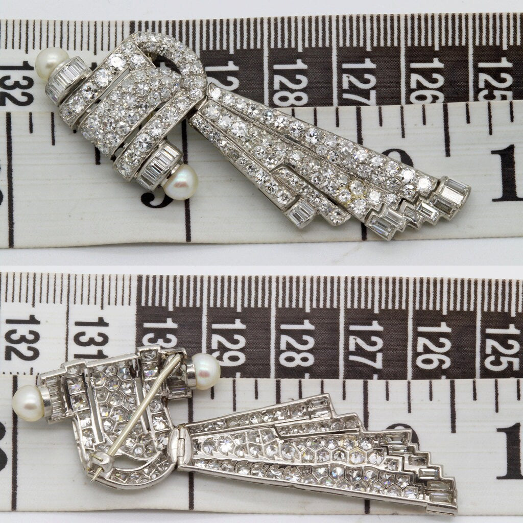 Art Deco Brooch Platinum 5.50ct Diamonds Pearls Hinged Comet w Appraisal (6065)