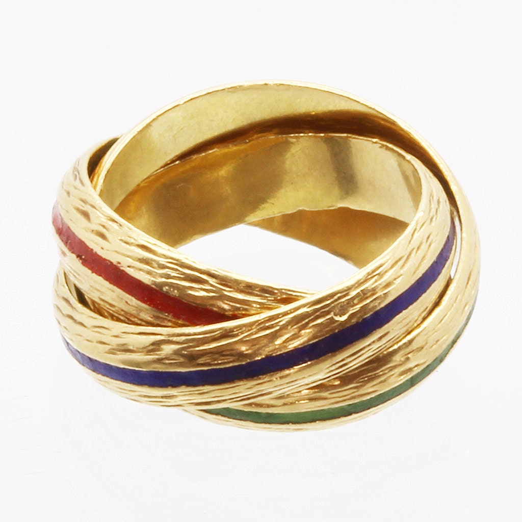 Vintage Hermes Ring 18k Gold Trio Red Blue Green Enamel Hermes Paris (6094)