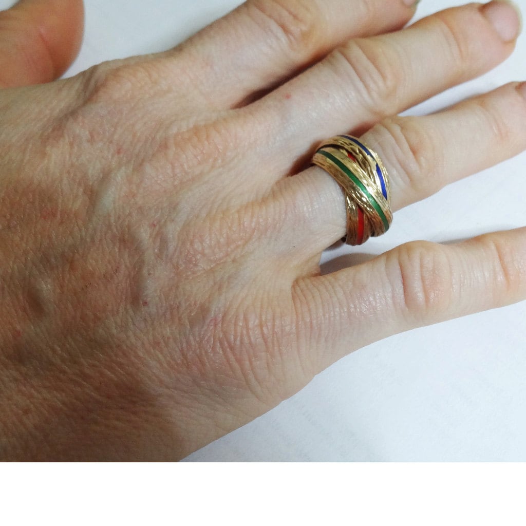 Vintage Hermes Ring 18k Gold Trio Red Blue Green Enamel Hermes Paris (6094)