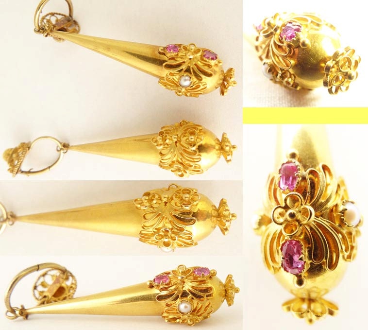 Antique Georgian Earrings Day Night Cannetille Gold Pink Sapphire Pearl (5305)
