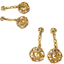 Chinese 14k gold diamond dragon Earrings dangle ear pendants antique (5417)