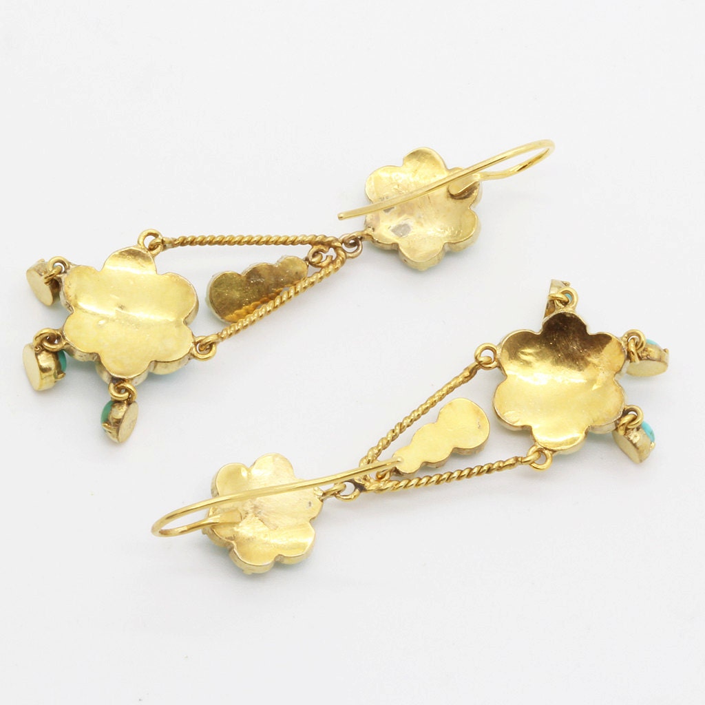 Antique Victorian Earrings Ear Pendants 15k Gold Turquoise C1860 English (6114)
