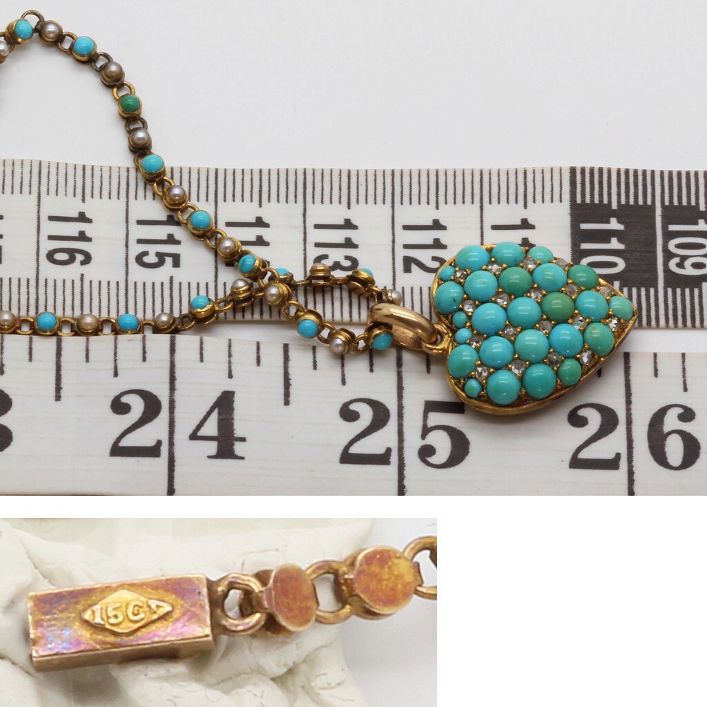 Antique Victorian Necklace Pendant 15k Gold Turquoise Diamond Pearl Heart (6110)