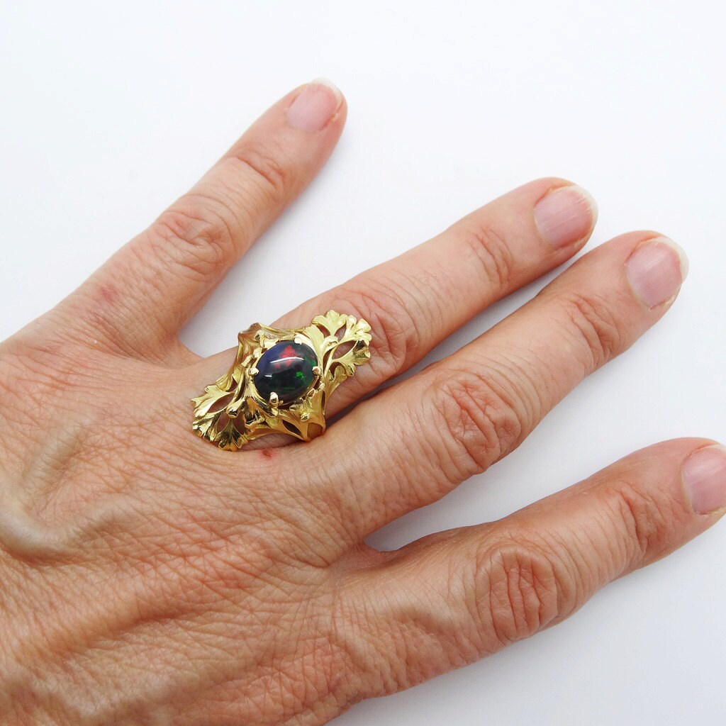 Antique Art Nouveau Ring 18k Gold Black Opal French Henri-Victor Miault (6105)