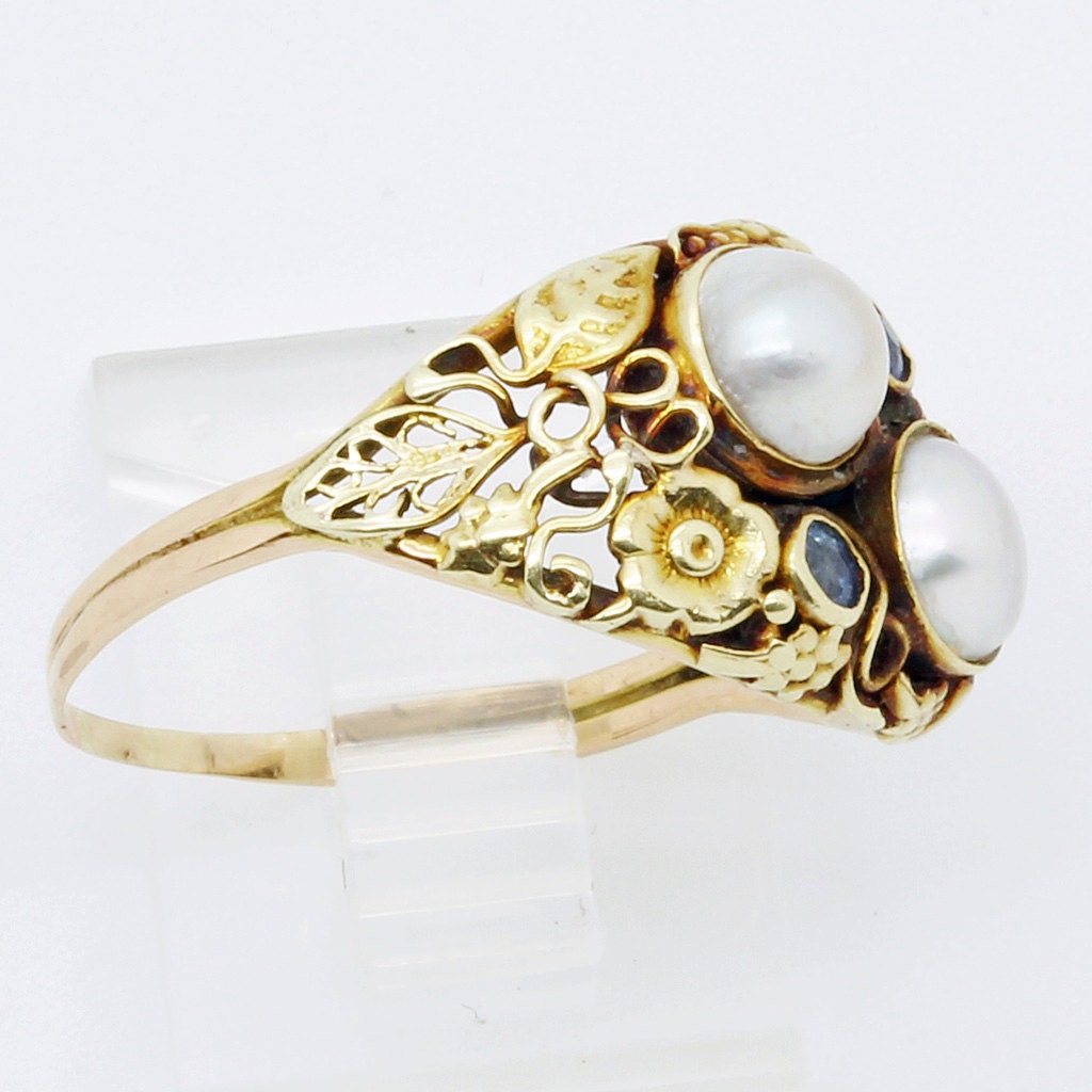 Antique Arts & Crafts Ring 14k Gold Pearls Topaz American Art Deco (6137)