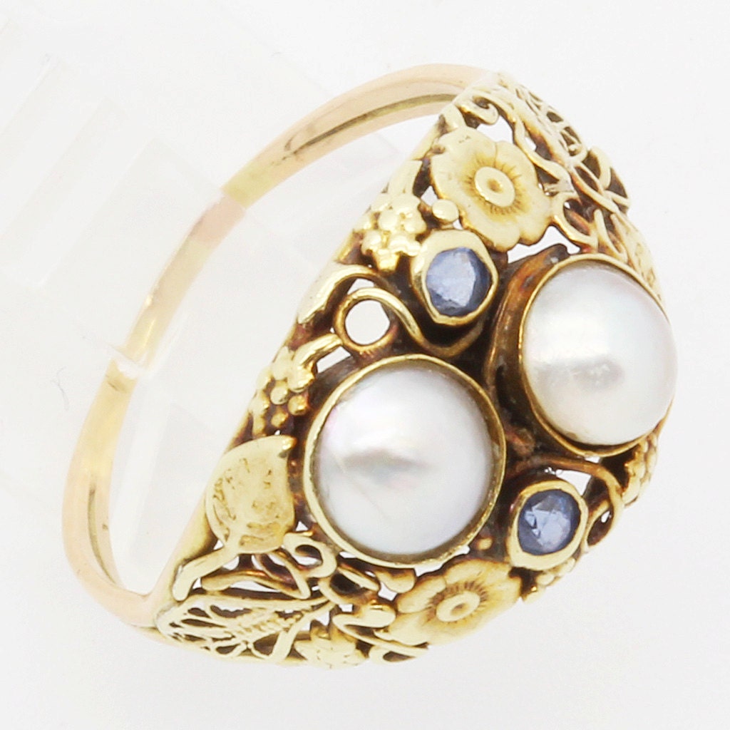 Antique Arts & Crafts Ring 14k Gold Pearls Topaz American Art Deco (6137)