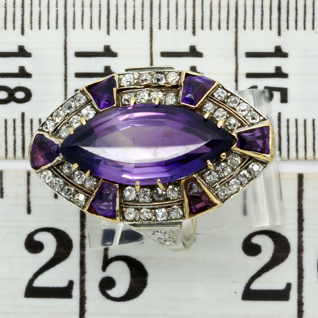 Vintage Ring Retro Diamonds Amethyst 14k White & Yellow Gold w Appraisal (6171)